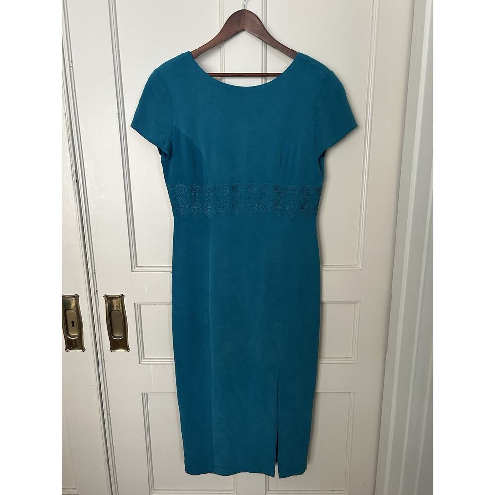 Vintage Talbots Silk Embroidered Midi Sheath Dress Womens Size 10 Blue Classic